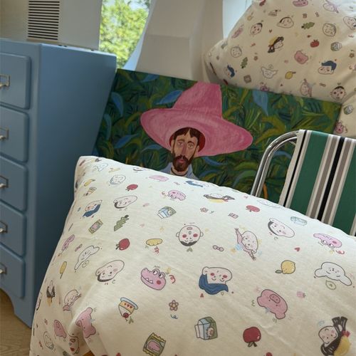 少女心萌呆呆卡通阿呆粉双层纱纯棉四件式1.5m1.8米全棉床单被套