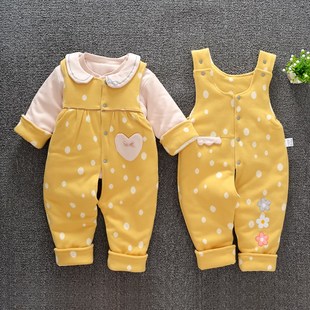 男女宝宝冬款棉衣新生儿童纯棉三件套马甲式双背带保暖秋冬薄棉服