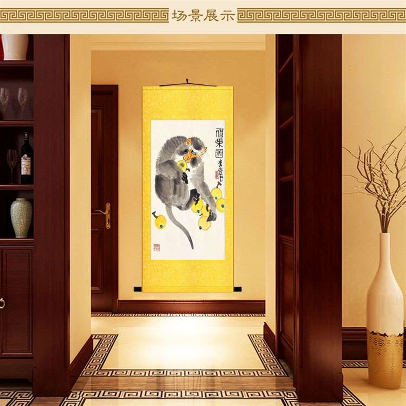 猴子得果图 申猴画像 绢布材质卷轴挂画 中式装饰画来图定制订做