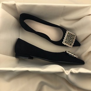 2024年黑色职业尖头气质水钻绒面单鞋 款 职业百搭软底 女春季 平底鞋
