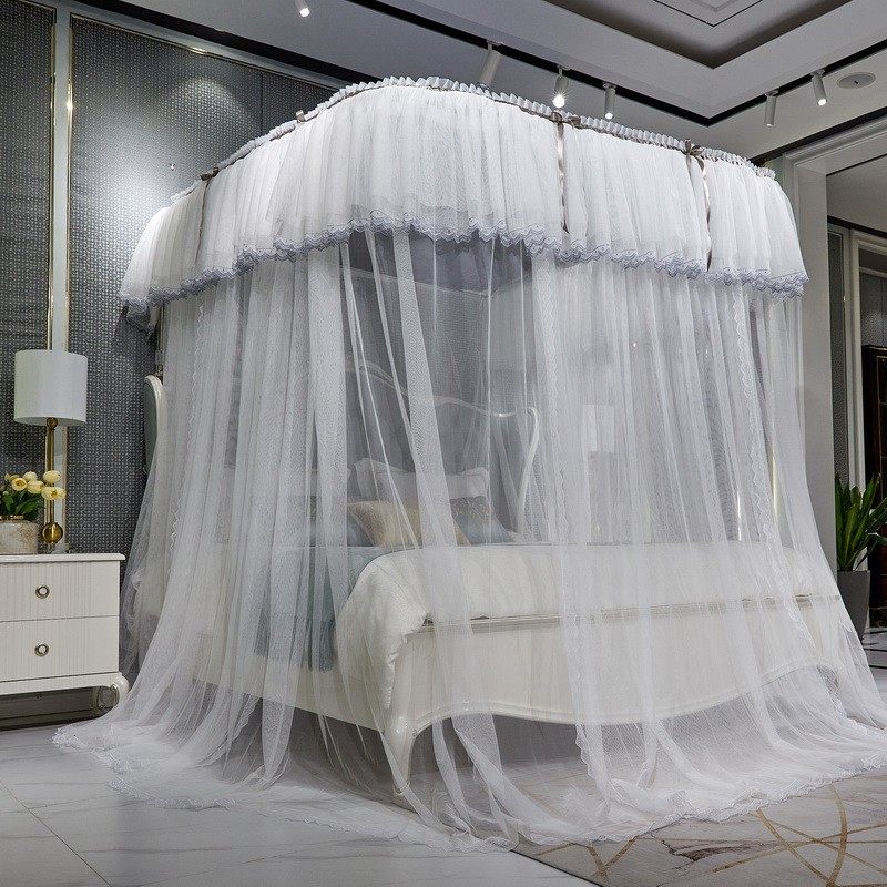 新款三开门U型轨道蚊帐防尘可升降铝合金导轨式支架家用加密加厚