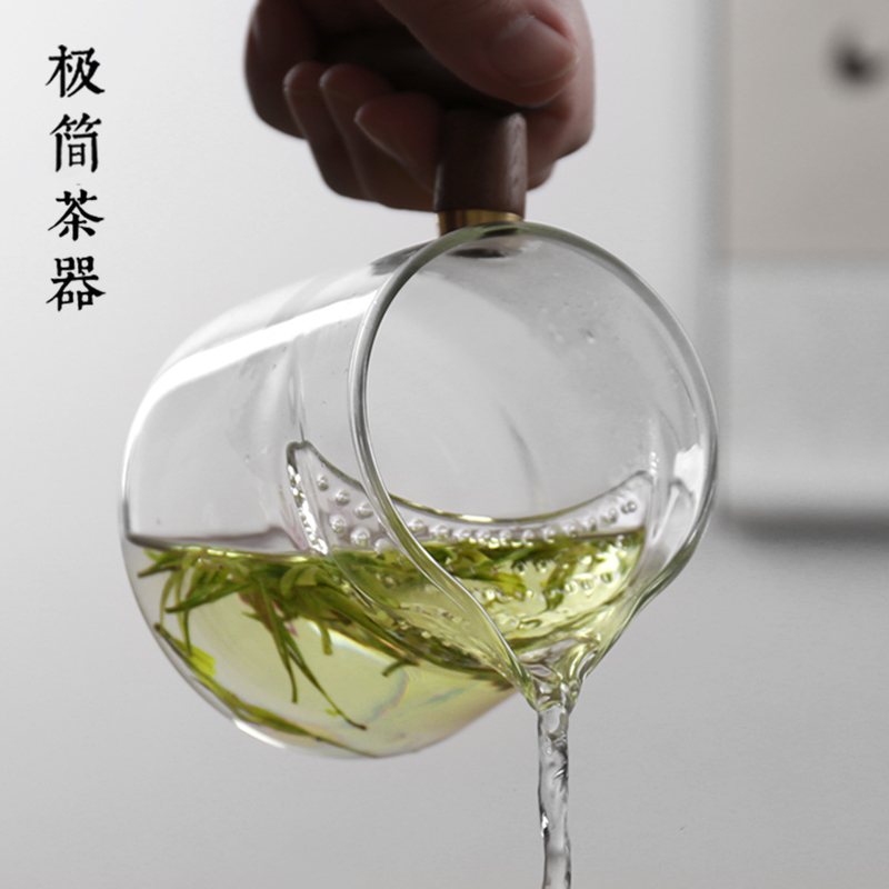 加厚耐热月牙片自带过滤网一体玻璃泡绿茶杯分茶器茶水分离公道杯