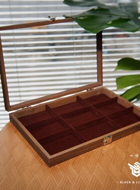黑胡桃纹木质 9格红色内饰珠宝首饰收纳展示箱戒指手链手串饰品盒