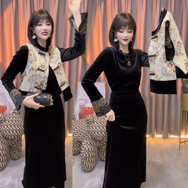 时尚套装女2024春新款国风花色盘扣马夹丝绒喇叭袖t恤半裙三件套,女装/女士精品,时尚套装,淘宝优惠券,粉丝福利购,淘宝优惠卷