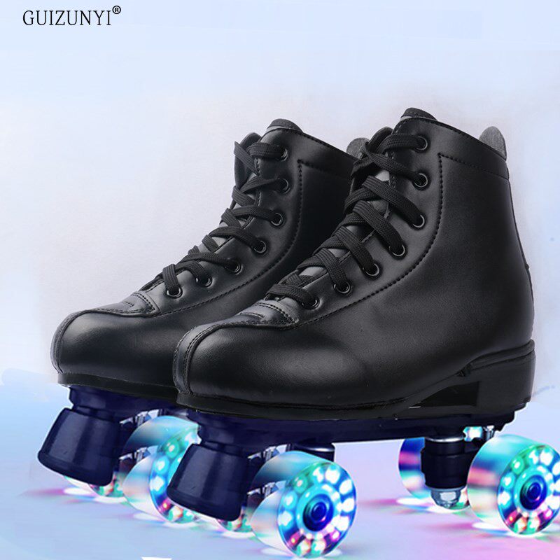 白皮成人双排溜冰鞋儿童四轮滑鞋成年男女旱冰鞋双U排轮滑冰鞋闪