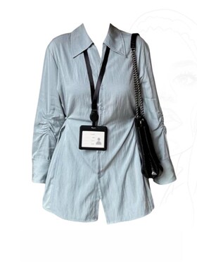 大码胖MM韩系百搭polou领衬衫女春季设计感收腰显瘦中长款排扣衬