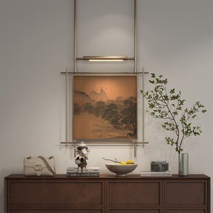 宋式美学挂画高级艺术品金属吊杆装置壁灯玄关装饰画酒店饭厅背景