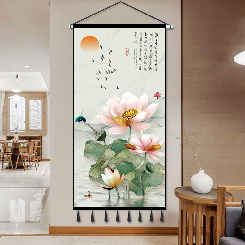九鱼图荷花客厅玄关装饰布艺挂画挂布背景布入户挂毯新中式走廊图片