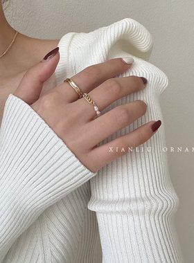 指环珍珠戒指小众2023新款高级金色ins链条轻奢两件套独特戒子感