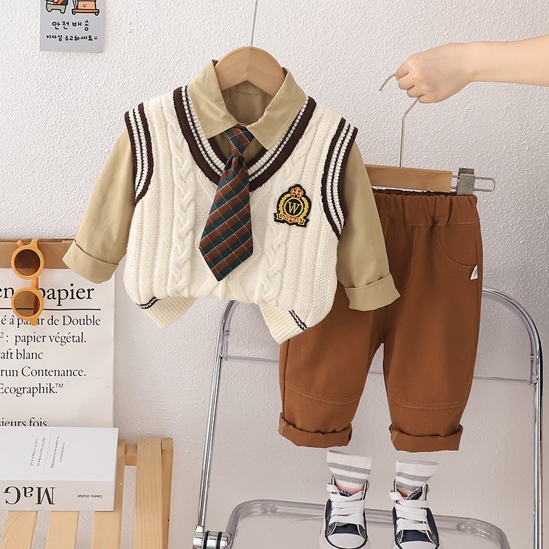 男童秋装套装2024新款儿童春秋季洋气宝宝学院风毛衣马甲三件套潮