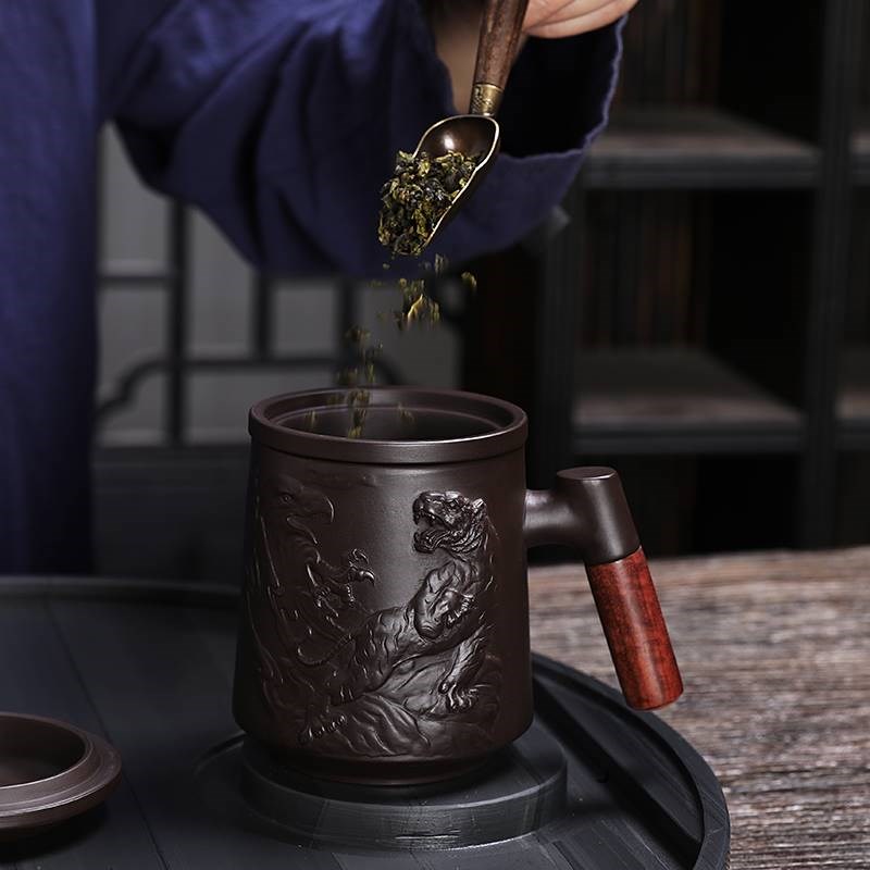 木把刻字紫砂办公茶杯带过滤内胆家用带盖大容量水杯个人定制杯子