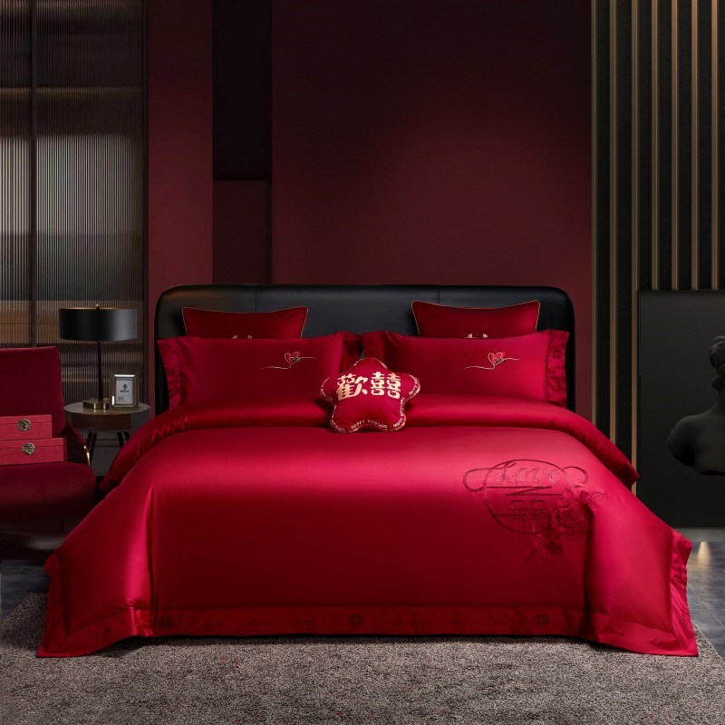 简约新婚庆红色四件套全棉双面120s印花刺绣结婚被套纯棉床单礼物