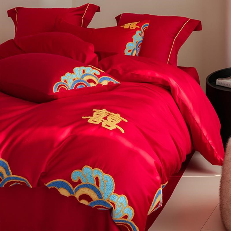 七彩祥云刺绣全棉长绒棉四件套红色结婚被套纯棉床单中式高端床品