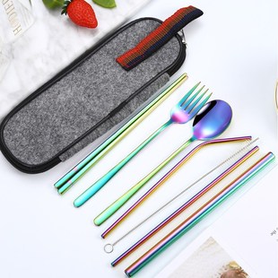 环保吸管304不锈钢餐具筷子勺子叉子套装吸管7件套珍珠奶茶饮管