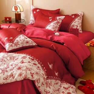 新中式 婚庆四件套全棉印花新婚陪嫁被套床单结婚床上用品