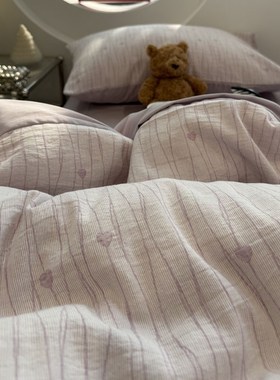 少女心色织水洗棉提花简约紫色条纹床上四件套1.5m1.8米全棉纯棉