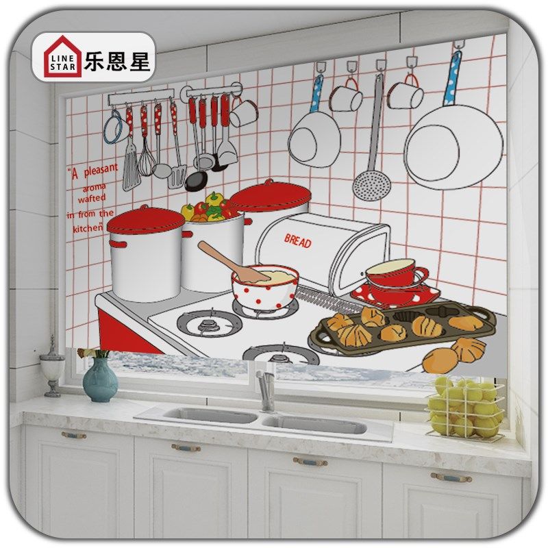 韩式厨房免打孔窗m帘卷帘餐厅阳台百叶帘图案遮光挡风遮阳卷拉式