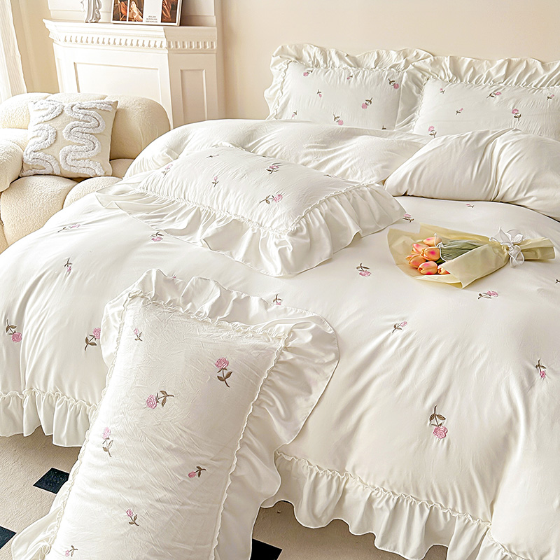 韩版花边水洗磨毛床单四件套ins公主非纯棉床上用品宿舍三件套