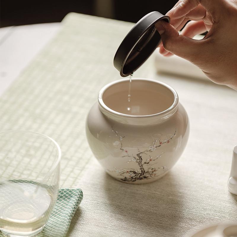 草灰建水陶瓷洗茶JS茶渣缸水盂带盖日式木用盖碗茶家具壶承干泡台