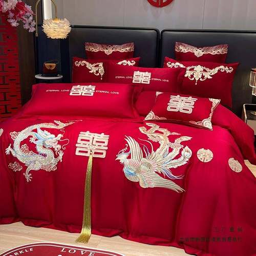 婚四件套婚嫁新床品刺婚绣被套红婚色龙凤F98SJ6H9房婚床喜庆庆中