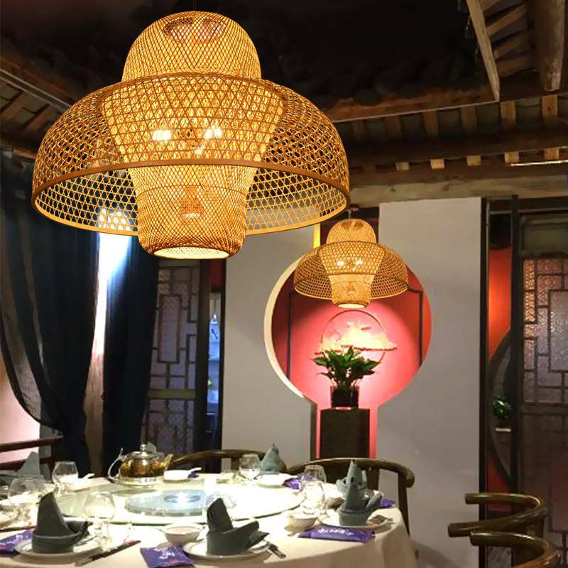 新式餐厅饭桌店包间包房农家乐竹编中灯个性763吊日式竹子创意圆