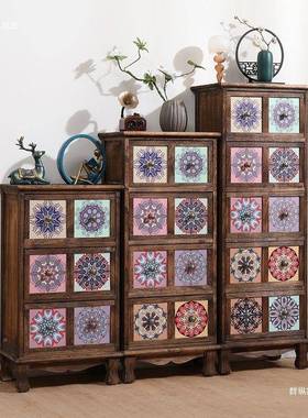 98089式实木储物柜厅彩复古绘卧室收纳柜阳台多层置客物欧柜木质斗柜