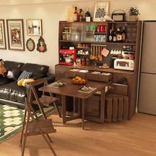 实木折叠餐桌边柜一体可伸缩930靠式复古桃小户型带餐胡色墙家用