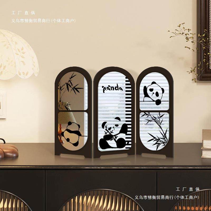 中古风熊猫屏饰风桌面装摆件入户F88ST586玄关客厅电视柜感创意镜