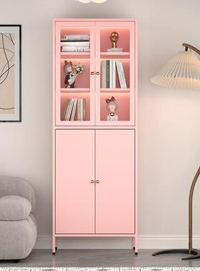 奶油风钢OYA制玻书柜柜带璃艺门家用置物铁防尘书架法式展示柜小