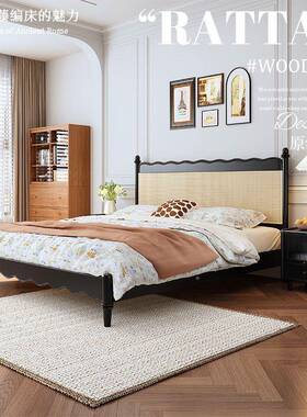 藤8复编古黑色实木床1.米主室双人床1.卧5米WDC简约日式民宿床法