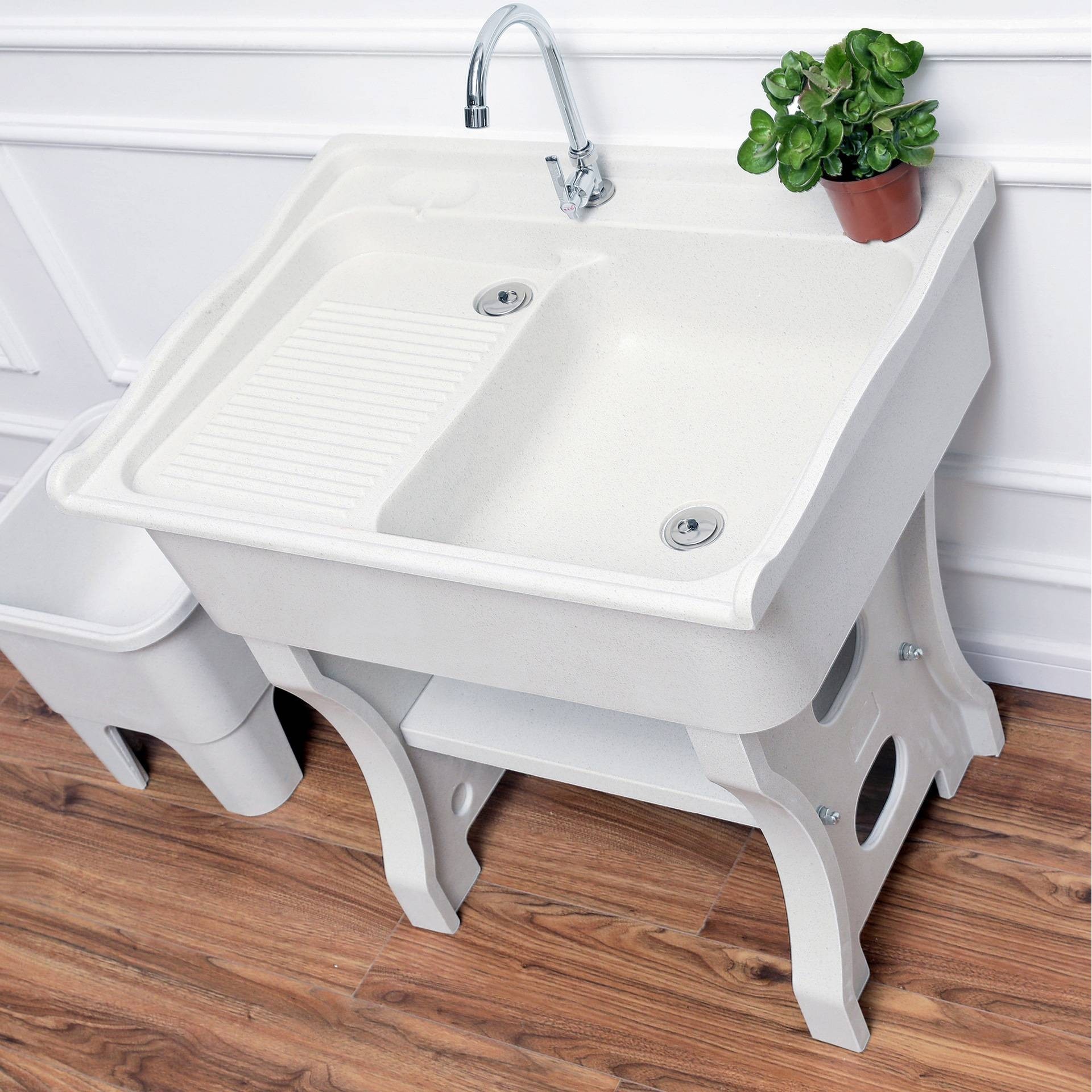 阳台洗衣槽一体式搓衣板户外庭院简易双台盆洗手池石英石带拖X20