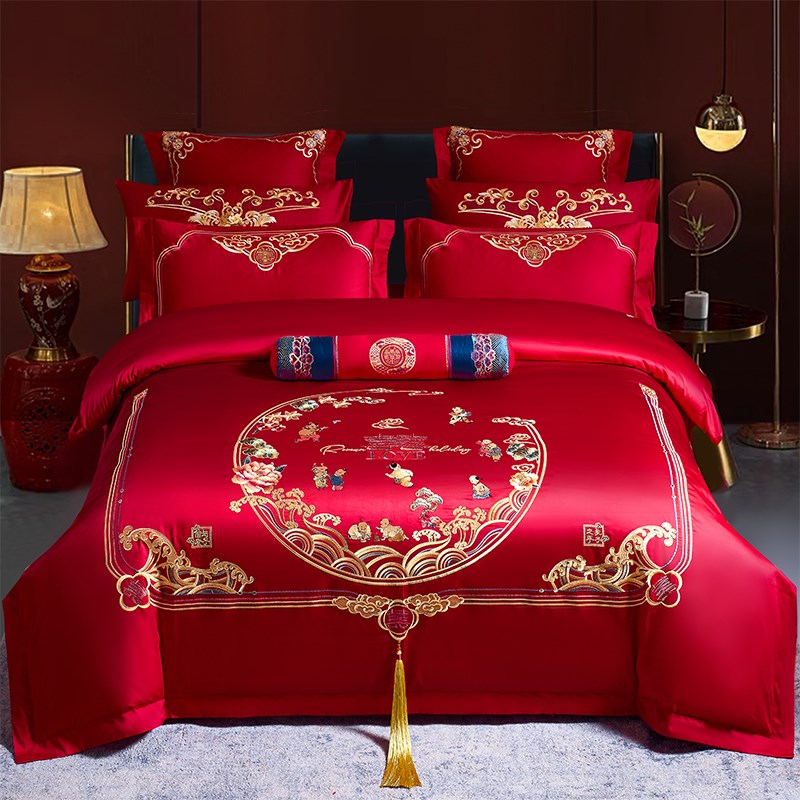 新婚庆四件套全棉纯棉大红色刺绣结婚喜被婚房喜庆百字图床上用品
