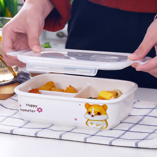 仓鼠陶瓷碗可爱饭盒分隔型微波炉小号上班族分格便当盒三格沙拉盒