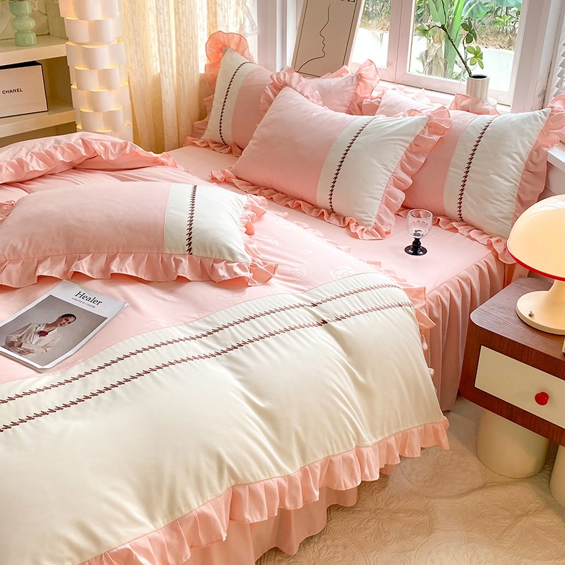 2024新款公主风花边四件套床裙亲肤裸睡被罩非全棉纯棉防滑床罩式