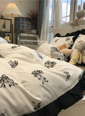 ins文艺赫本风k黑色花边田园风小碎花床上四件套全棉纯棉床单1.5m