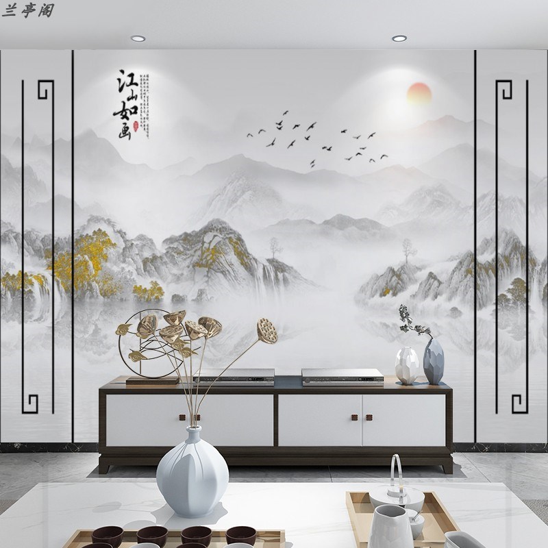 江山如画电视墙背景墙壁纸新中式立体H壁布客厅自带假边框整张墙
