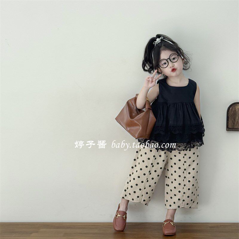 儿童洋气宽松衬衫2025新款韩版春夏款女宝宝无袖双层蕾丝娃娃衫潮