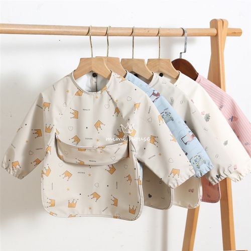 ins丹麦儿童长袖全身防水反穿衣宝宝吃饭罩衣PU围兜婴儿饭兜防脏