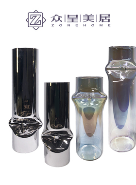 现代简约欧式蓝色灰色玻璃管圆柱花器花瓶摆件样板房售楼处饰品