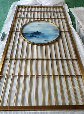 不锈钢玻璃屏风中玄隔山水画新中式拉关丝1024B黑钛不式锈钢屏风