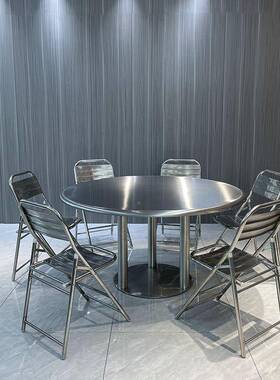 网餐红业风商用折大排挡桌不锈钢叠收工纳简约大圆UXA桌折叠椅子