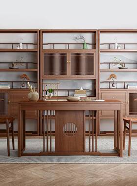 新中式实木书架架置物黑OKX胡桃木博书古架书客厅房落地柜储物展