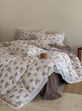 边A类汉麻亚笠麻皱皱纱印复花四2025010件套古花双层纱被套床单床