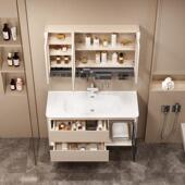 GZZ浴室S瓷V6奶一油实木浴室柜组922合体陶盆多功能镜柜柜卫生间