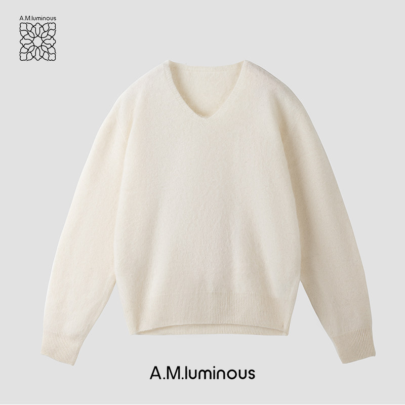 AMluminous无缝工艺丝羊绒羊毛拉毛v领毛衣女 软糯套头针织衫上衣