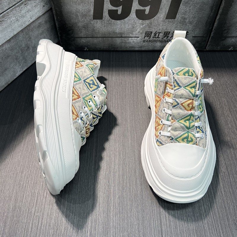 一脚蹬男鞋2024新款秋款透气板鞋潮流百搭布面厚底增高休闲运动鞋