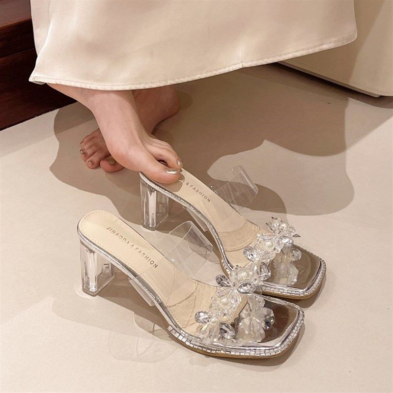 透明凉鞋女高跟鞋2024年夏季新款中跟时装水晶粗跟外穿水钻凉拖鞋,女鞋,一字拖,淘宝优惠券,粉丝福利购,淘宝优惠卷