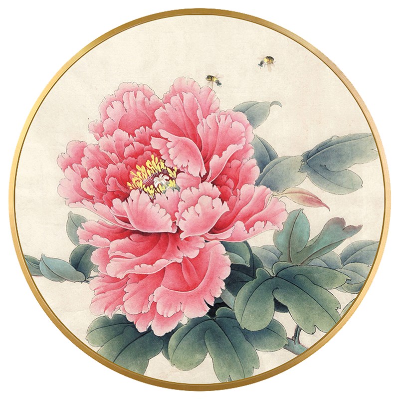富贵牡丹花客厅挂画新中式金属圆形装饰画玄关餐厅卧室饭店墙壁画图片
