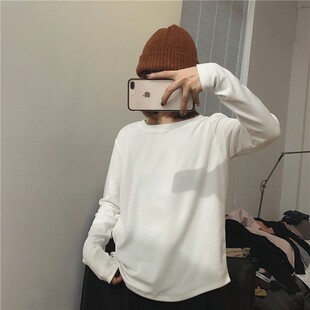 w多囤几件 muzi 2021冬 很好穿 白T恤女圆领宽松打底 加厚长袖