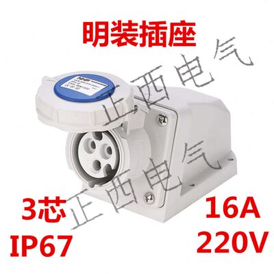 16A 220V 防水工业插座 明装壁挂式插座 3P IP67 3芯 3孔 3头正西